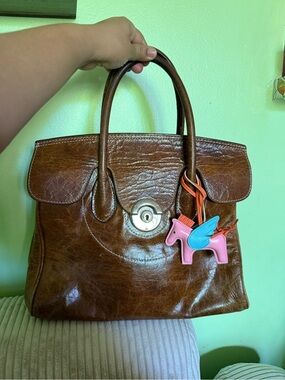 Genuine Brown Leather Handbag with Pink Pony Charm